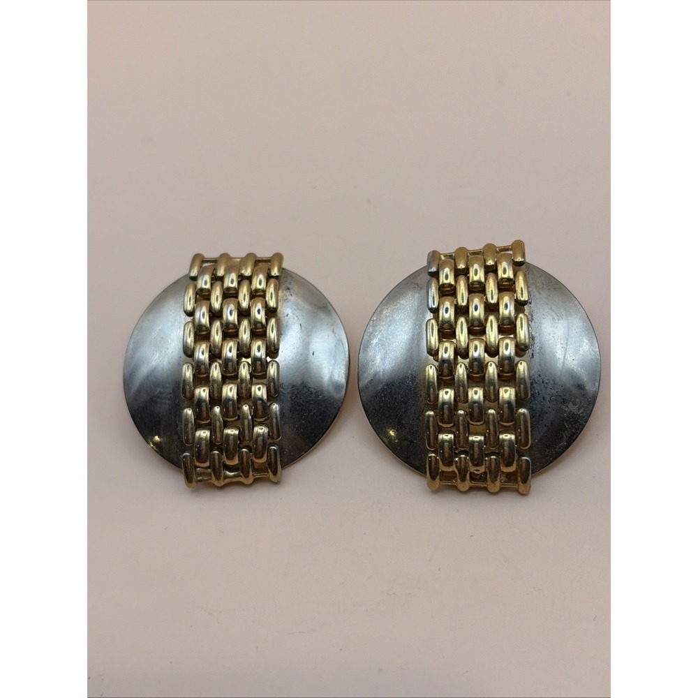 Vintage Unsigned‎ Gold Silver Tone Round Solid and Chain Pattern Post Earrings
